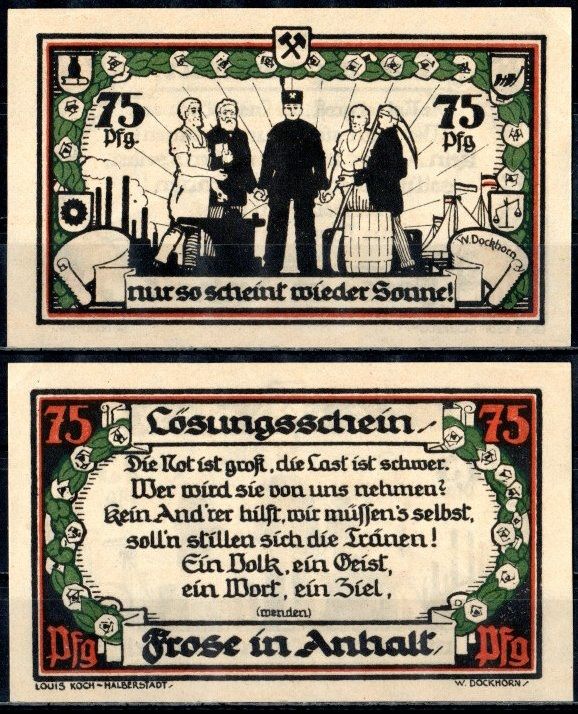 Фрозе (Анхальт) 75 пфеннигов 1921 Mehl Grabowski 398.5 бумага UNC (пресс) 7555-19-3-2