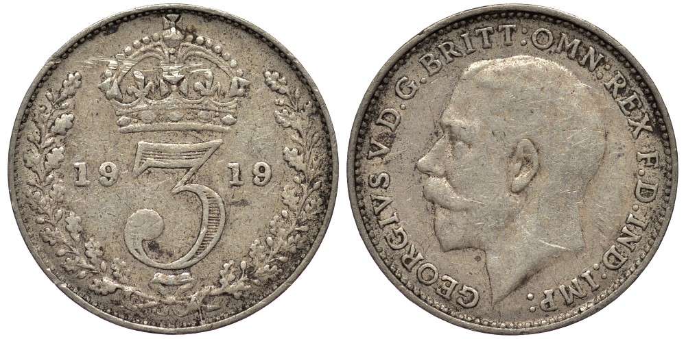 Великобритания 3 пенса 1919 Георг V (1910-1936) KM 813, Spink 4015 серебро 4528-517