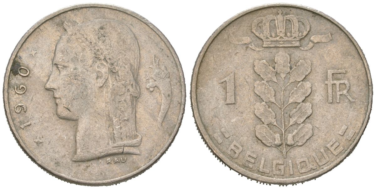 Бельгия 1 франк 1960 Belgique, Бодуэн I (1951-1993) KM 142 медно-никель 4618-124