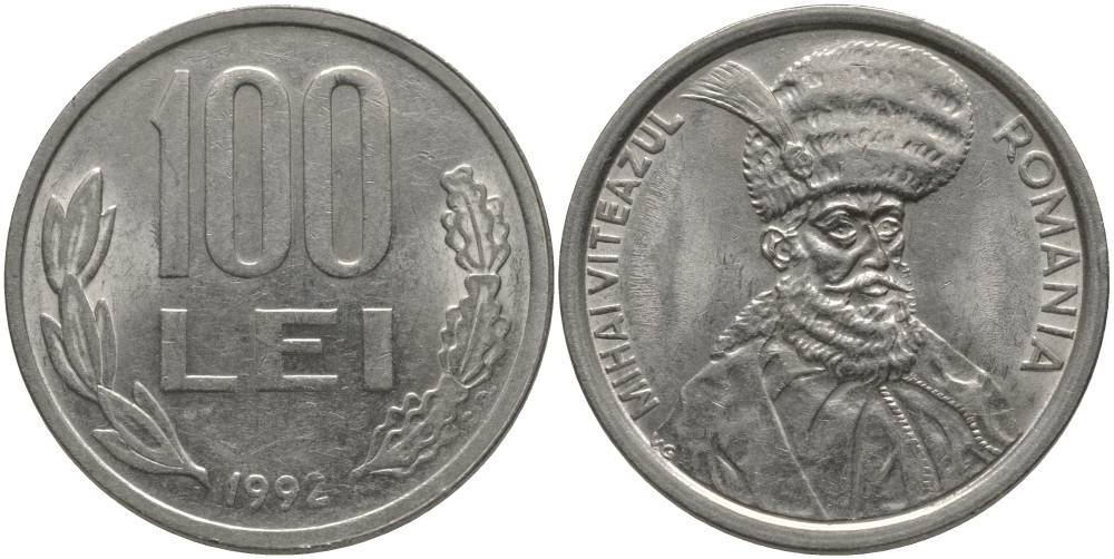 Румыния 100 леев 1992 Михай Храбрый (1558-1601) KM 111 сталь плакированная никелем 69-631