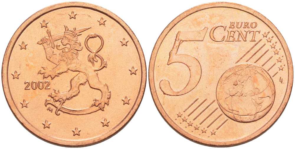 ФИНЛЯНДИЯ 5 ЕВРОЦЕНТОВ 2002 M KM 100 сталь плакированная медью UNC 214-325