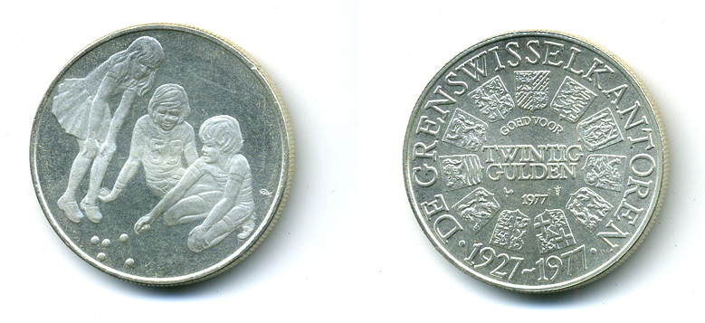 НИДЕРЛАНДЫ 20 ГУЛЬДЕНОВ 1977 1927-1977, ДЕТИ серебро UNC 6-2-4