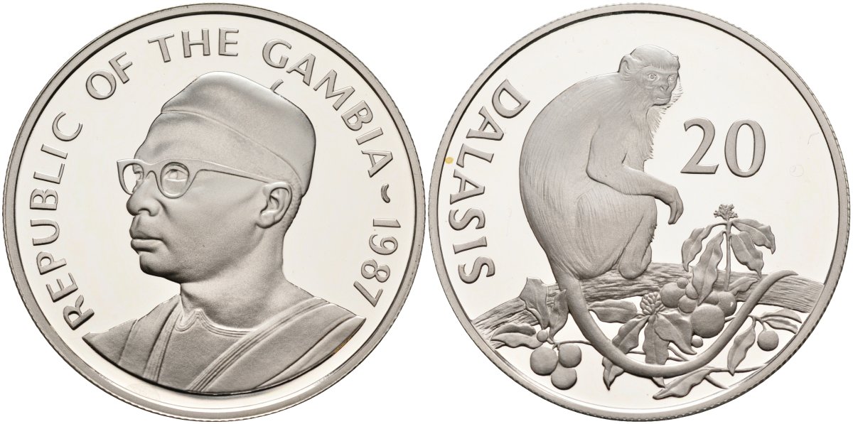 Гамбия 20 даласи 1987 серия защита окружающей среды, обезьяна, тираж 25000 экз. KM 24 серебро PROOF 1098-1-43