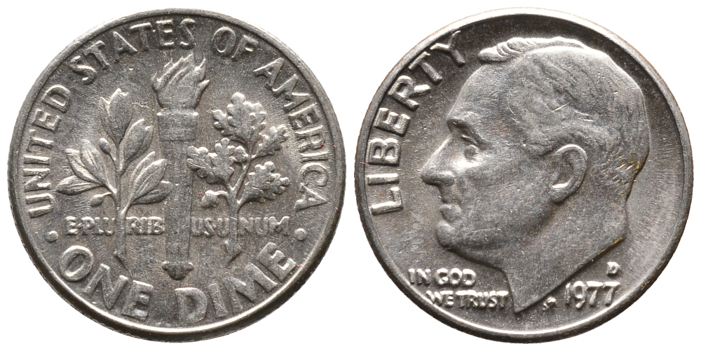 США 10 ЦЕНТОВ = 1 ДАЙМ 1977 D, РУЗВЕЛЬТ KM 195а медь плакированная медно-никелем 73-1538