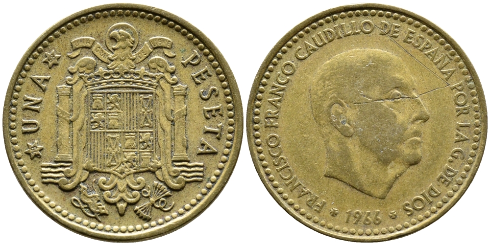 ИСПАНИЯ 1 ПЕСЕТА 1966 (68) ФРАНСИСКО ФРАНКО ДИКТАТОР ИСПАНИИ (1939-1975) КМ 796 алюминиевая бронза 4382-1231
