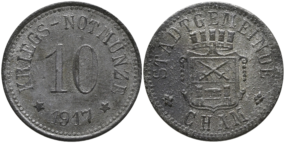 ХАМ 10 ПФЕННИГОВ 1917 НОТГЕЛЬД, РАЙОННЫЕ ДЕНЬГИ, ВОЙНА, ЗЕМЛЯ БАВАРИЯ цинк 4387-1018