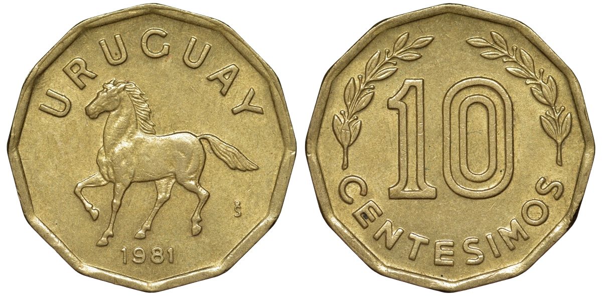 Уругвай 10 сентесимо 1981 KM 66 алюминиевая бронза 4169-526