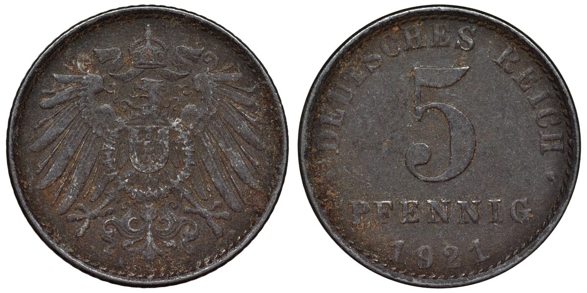 Германия 5 пфеннигов 1921 A KM 19, J. 297, Weege 5 железо 4118-1115