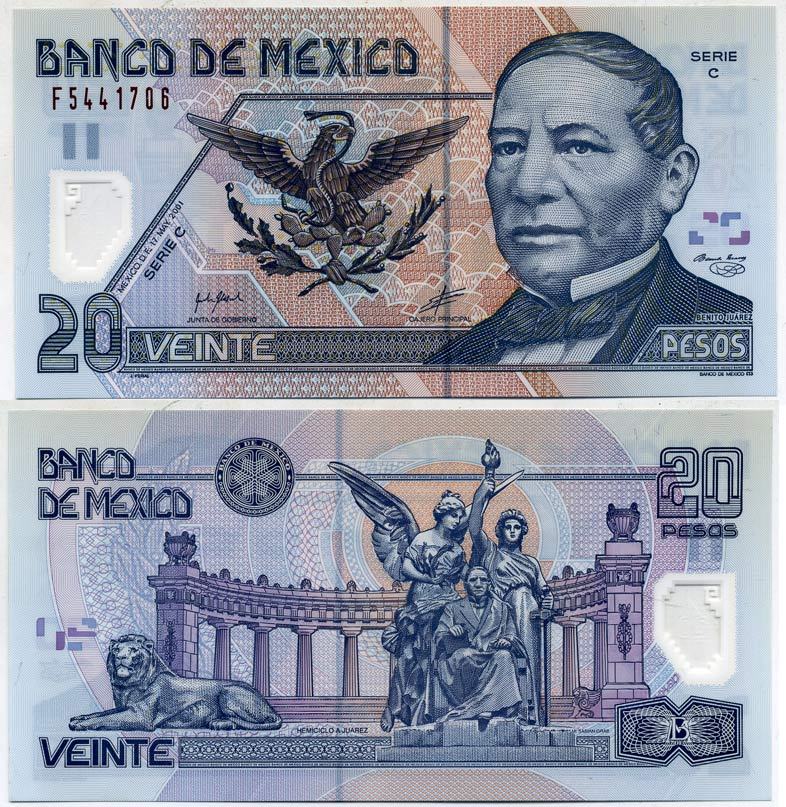 МЕКСИКА 20 ПЕСО 2001 СЕРИЯ C, БЕНИТО ПАБЛО ХУАРЕС Pick 116a пластик UNC (ПРЕСС) 6289-5-3-2