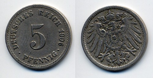 ГЕРМАНИЯ 5 ПФЕННИГОВ 1906 A, KM 11, J. 12 медно-никель 76-221