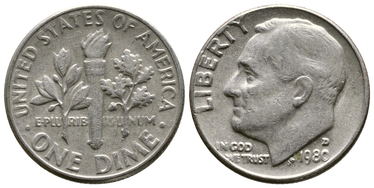 США 10 центов = дайм 1980 D, Рузвельт KM 195а медь плакированная медно-никелем 57-1147