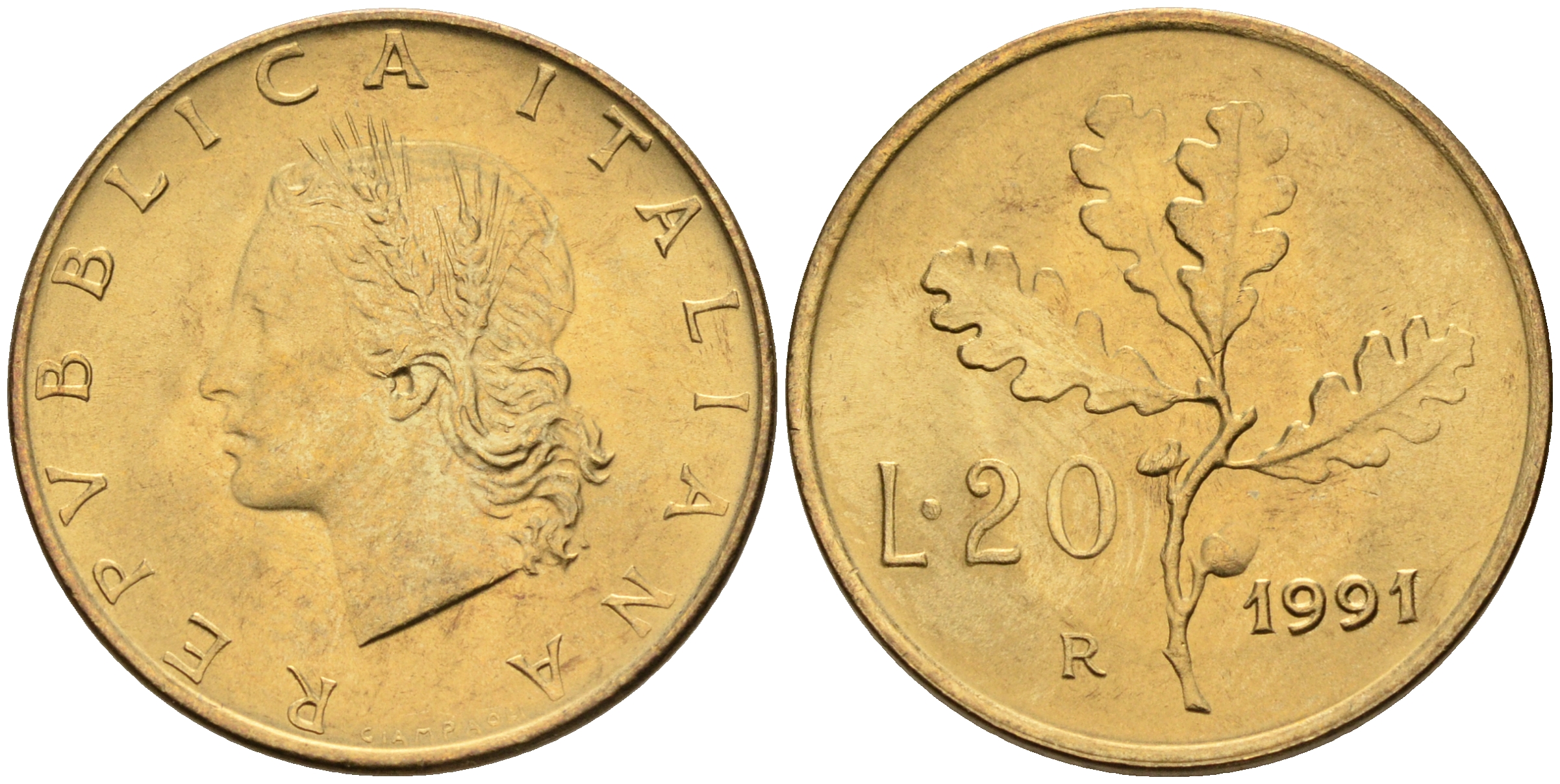 Италия 20 лир 1991 R, дубовый лист KM 97.2 алюминиевая бронза  UNC  4594-827