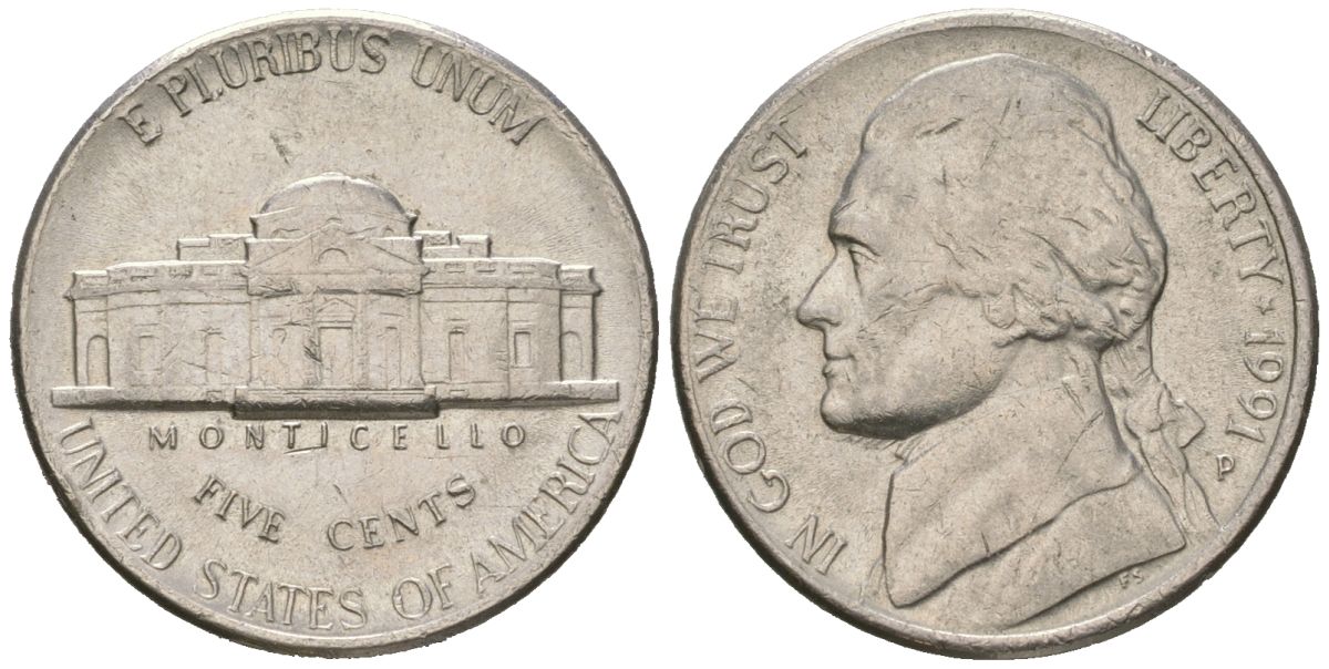 США 5 центов 1991 P, Томас Джефферсон KM A192 медно-никель aUNC 216-345