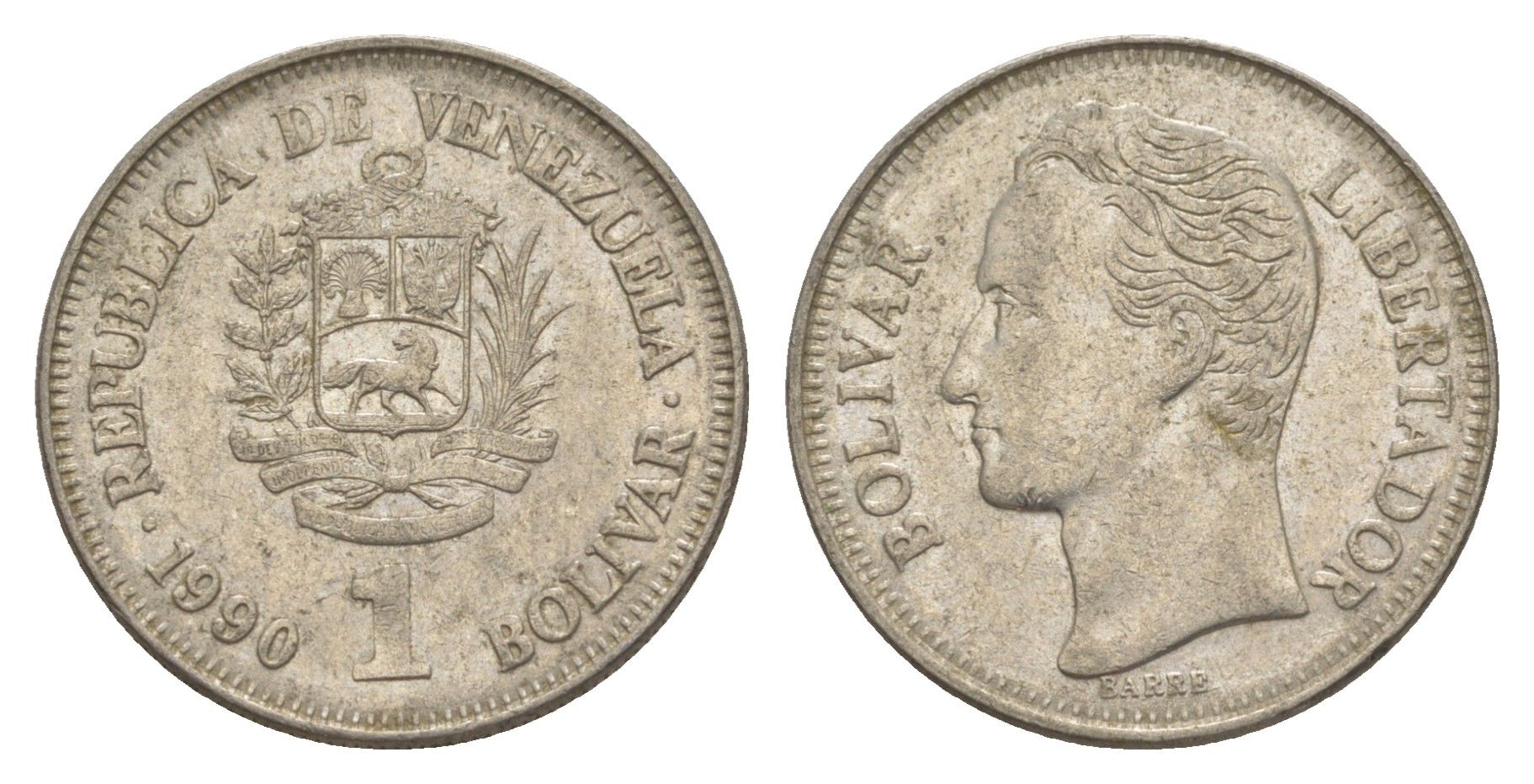 Венесуэла 1 боливар 1990 Симон Боливар, толстый шрифт Y 52a.2 сталь плакированная никелем 4591-1025