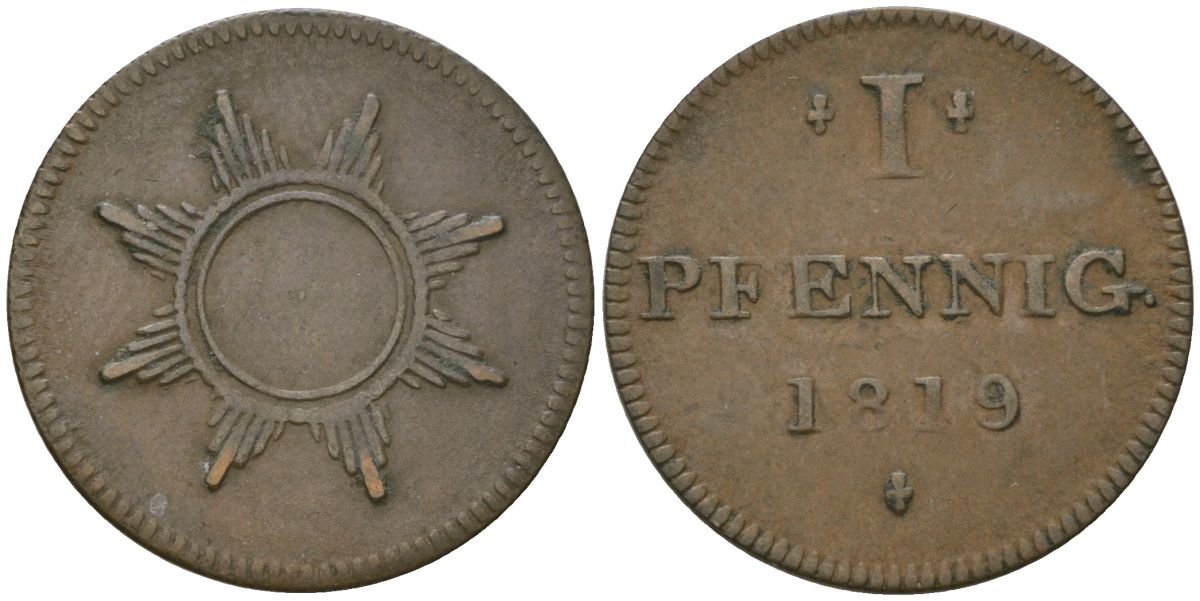 Франкфурт 1 пфенниг (юденпфенниг) 1819 KM Tn7, JuF 1999 медь 4547-347