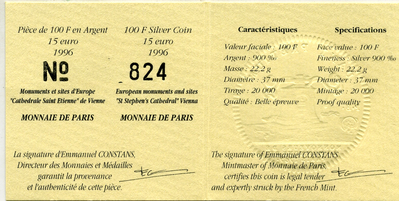 Франция 100 франков - 15 евро 1996 серия архитектурные монументы европы, кафедральный собор Сент-Этьен в Вене, в оригинальной коробке, с сертификатом KM 1140 серебро PROOF 5-6-1-41