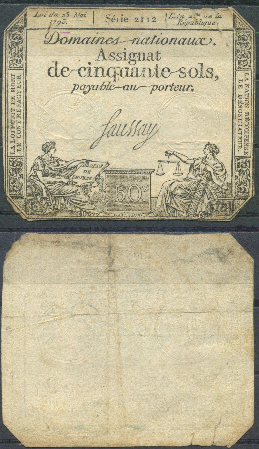 Франция 50 солей 1793 Pick A70 бумага 6285-24-3-2