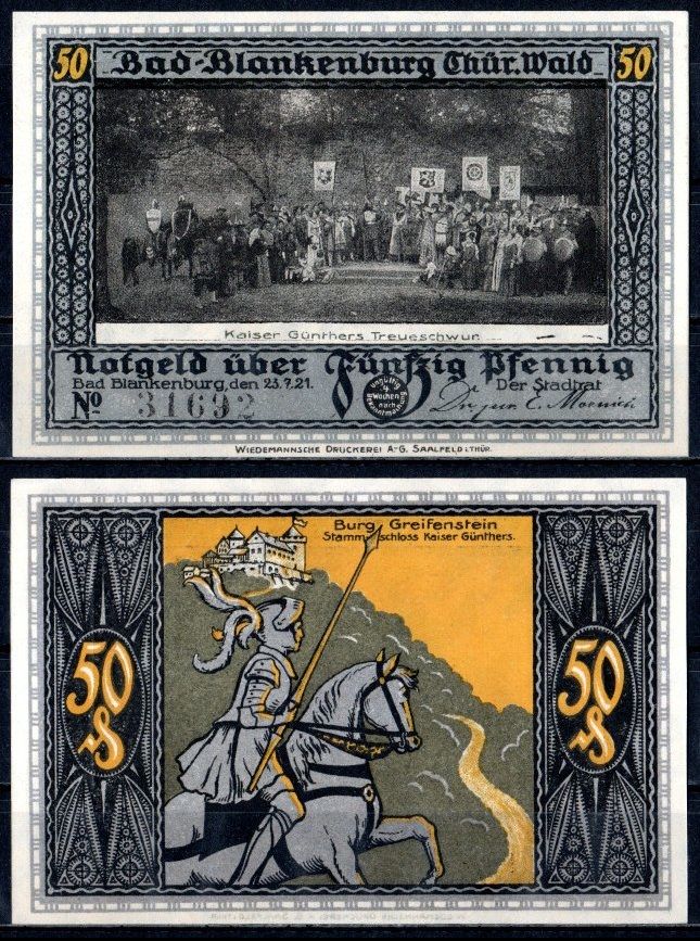 Бад-Бланкенбург (Тюрингия) 50 пфеннигов 1921 Mehl Grabowski 113.1-3/5 бумага UNC (пресс) 7556-56-4-2
