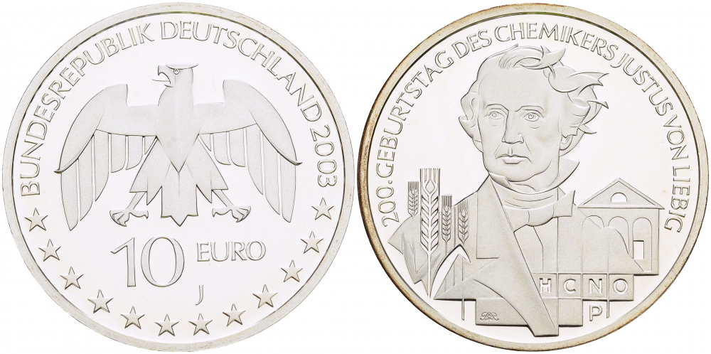 ФРГ 10 евро 2003 J, 200 лет со дня рождения Юстуса фон Либиха KM 222, DE.S. 10.7 серебро PROOF 1082-9-54