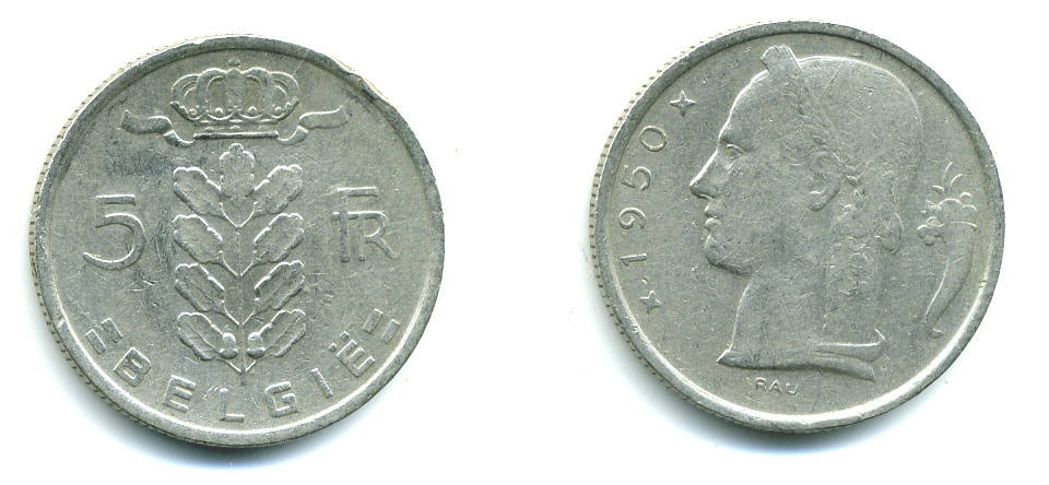 БЕЛЬГИЯ 5 ФРАНКОВ 1950 BELGIE KM 135.1 медно-никель 25-816