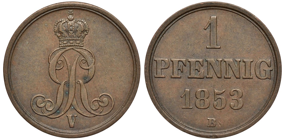 Ганновер 1 пфенниг 1853 B, Георг V KM 221, AKS 155, J. 83 медь 4594-167