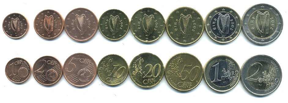 ИРЛАНДИЯ ЕВРОНАБОР ИЗ 8 МОНЕТ 2002-2003 (1, 2, 5, 10, 20, 50 ЕВРОЦЕНТОВ, 1, 2 ЕВРО) KM 32, 33, 34, 35, 36, 37, 38, 39 биметалл UNC N5-50