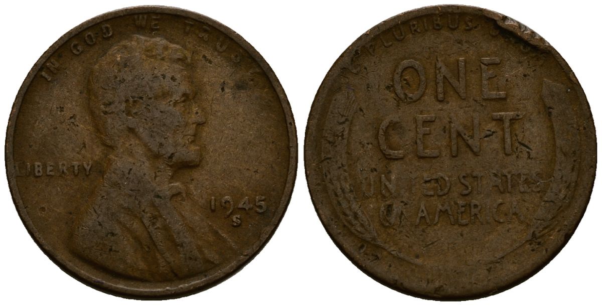 США 1 цент 1945 Линкольн, S KM A132 медь цинк 4164-847