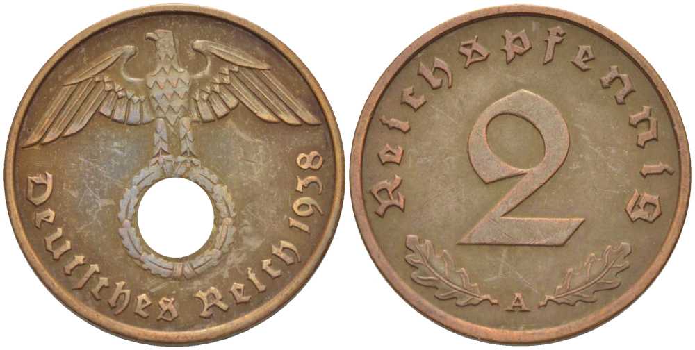 ГЕРМАНИЯ 2 РЕЙХСПФЕННИГА 1938 A KM 90, J. 362 бронза 261-911