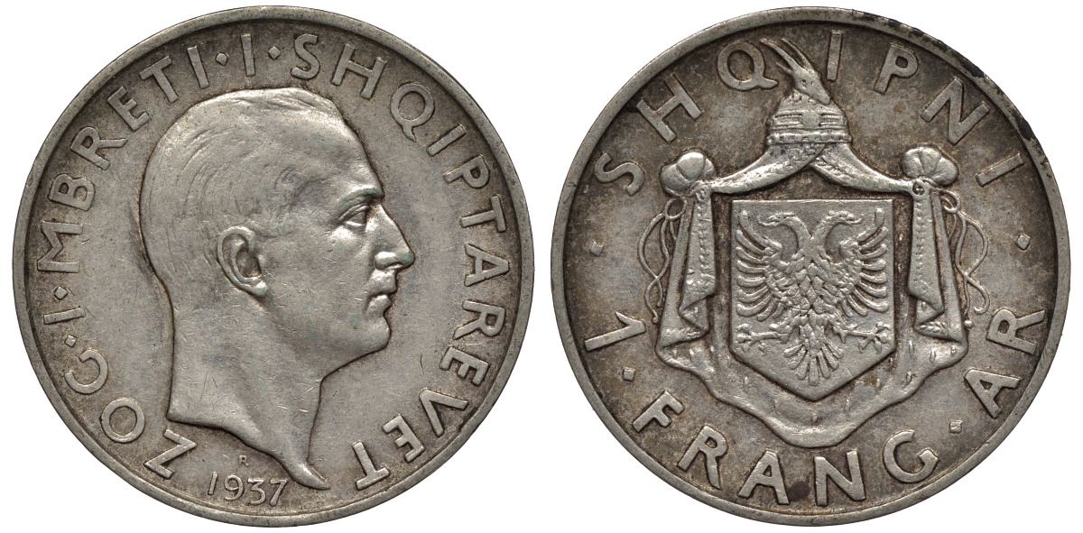 Албания 1 франга ари 1937 R, Ахмет Зогу I (1928-1939) KM 16 серебро 441-1614