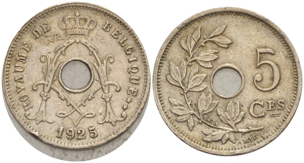 Бельгия 5 сантимов 1925 Belgique, Альберт I (1909-1934) KM 66 медно-никель 4546-126