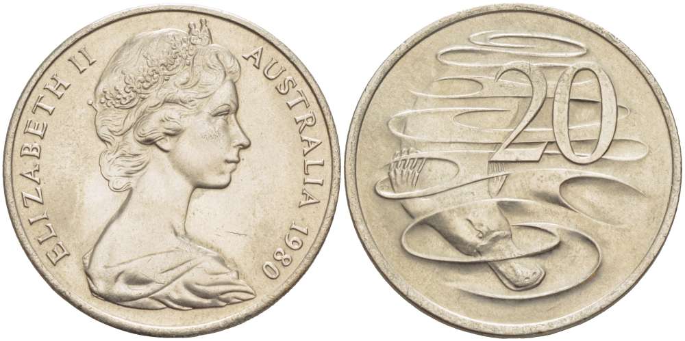 АВСТРАЛИЯ 20 ЦЕНТОВ 1980 ЕЛИЗАВЕТА II (1953-), УТКОНОС KM 66 медно-никель 4521-135