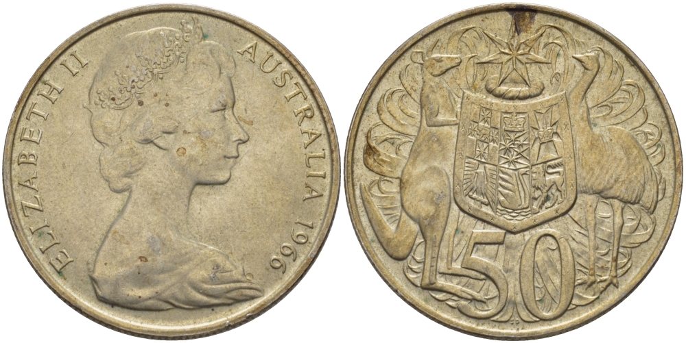 Австралия 50 центов 1966 Елизавета II (1952-2022), герб Австралии, кенгуру KM 67 серебро 82-826