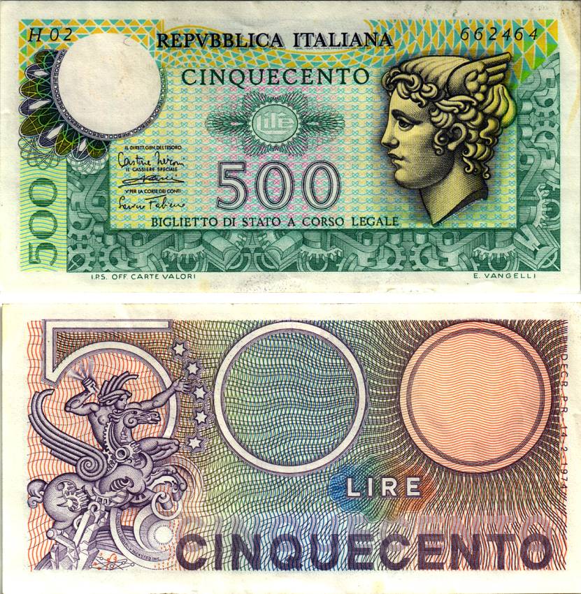 Италия 500 лир 1974 Меркурий Pick 94 бумага 6280-42-3-2