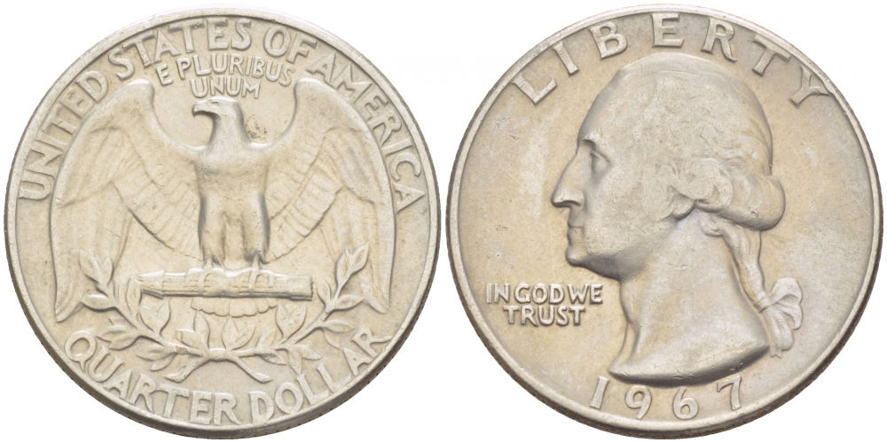 США 25 центов (квотер) 1967 Вашингтон KM 164a медь плакированная медно-никелем 213-1235