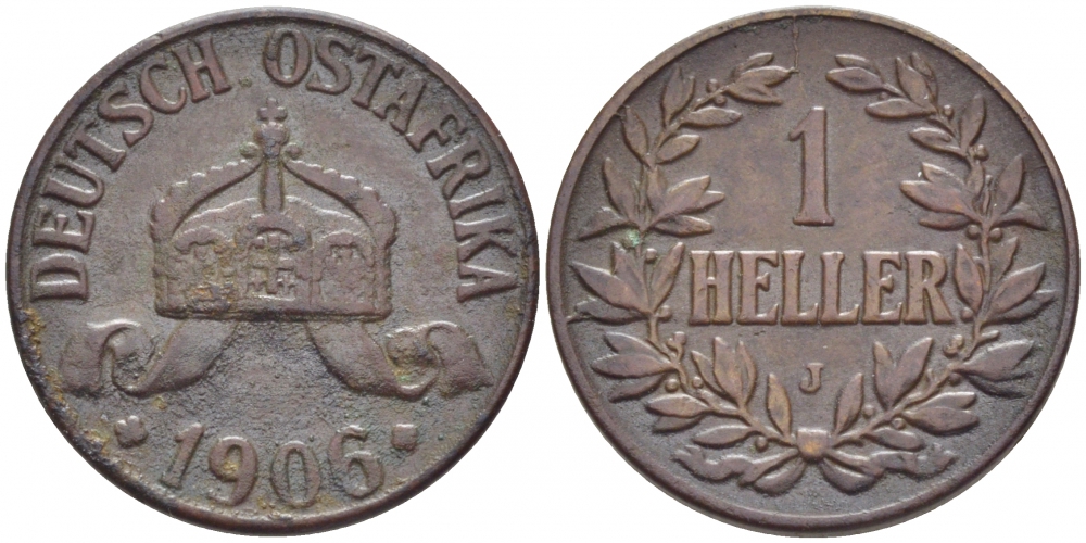 Немецкая Восточная Африка (Танзания) 1 геллер 1906 J, Ost-Africa Jaeger 716, KM 7	бронза 4448-417