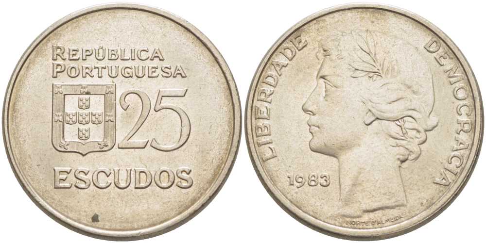 ПОРТУГАЛИЯ 25 ЭСКУДО 1983 KM 607а медно-никель 113-732