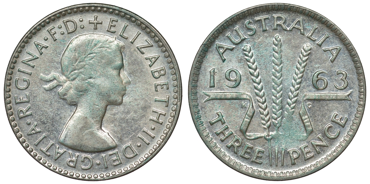 Австралия 3 пенса 1963 m, Елизавета II (1952-2022) KM 57 серебро 71-936