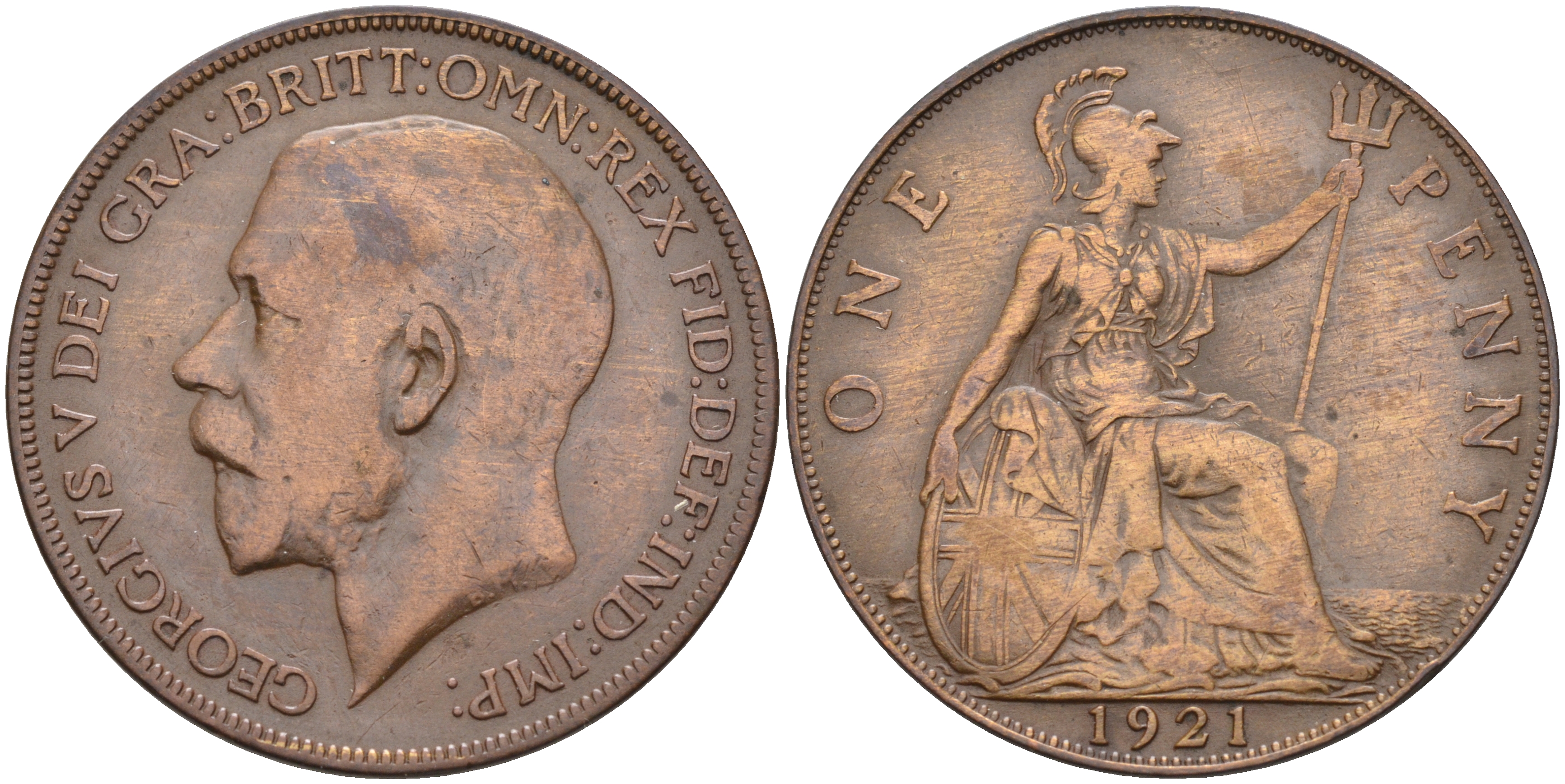 Великобритания 1 пенни 1921 Георг V (1910-1936) KM 810, Spink 4051 бронза 4590-1214