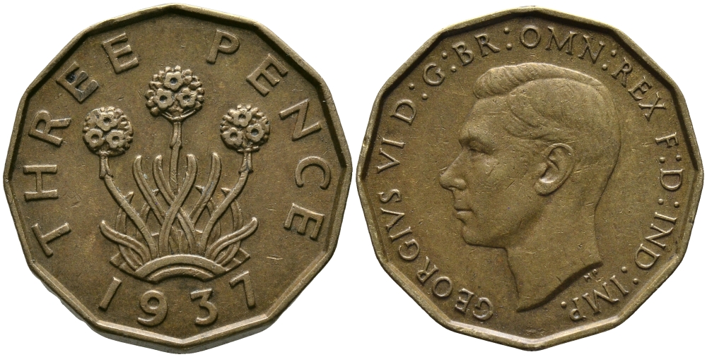 Великобритания 3 пенса 1937 Георг VI (1936-1952) KM 849, Spink 4112 никель латунь 60-1224