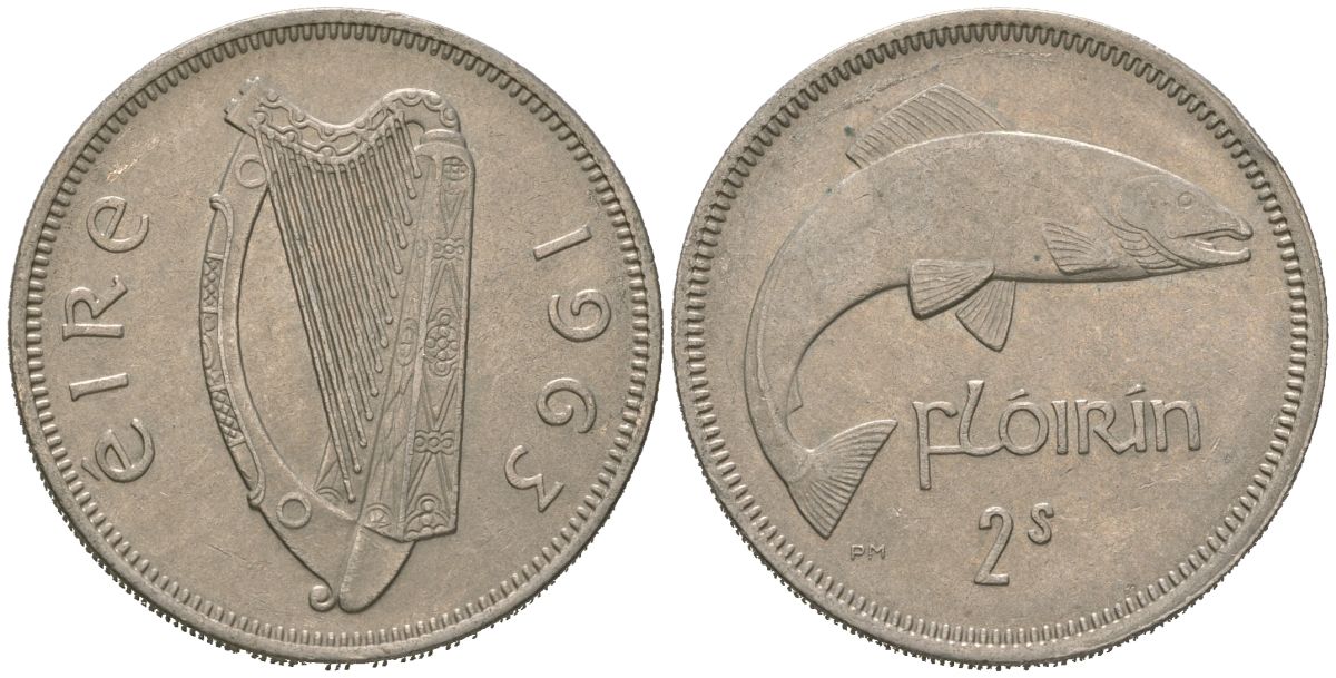 Ирландия 2 шиллинга (флорин) 1963 лосось KM 15a медно-никель 4619-713
