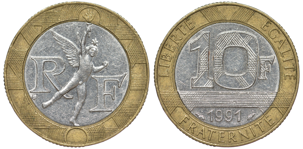 Франция 10 франков 1991 тип Гений Бастилии KM 964.1, Le Frank 375.6 биметалл 45-826