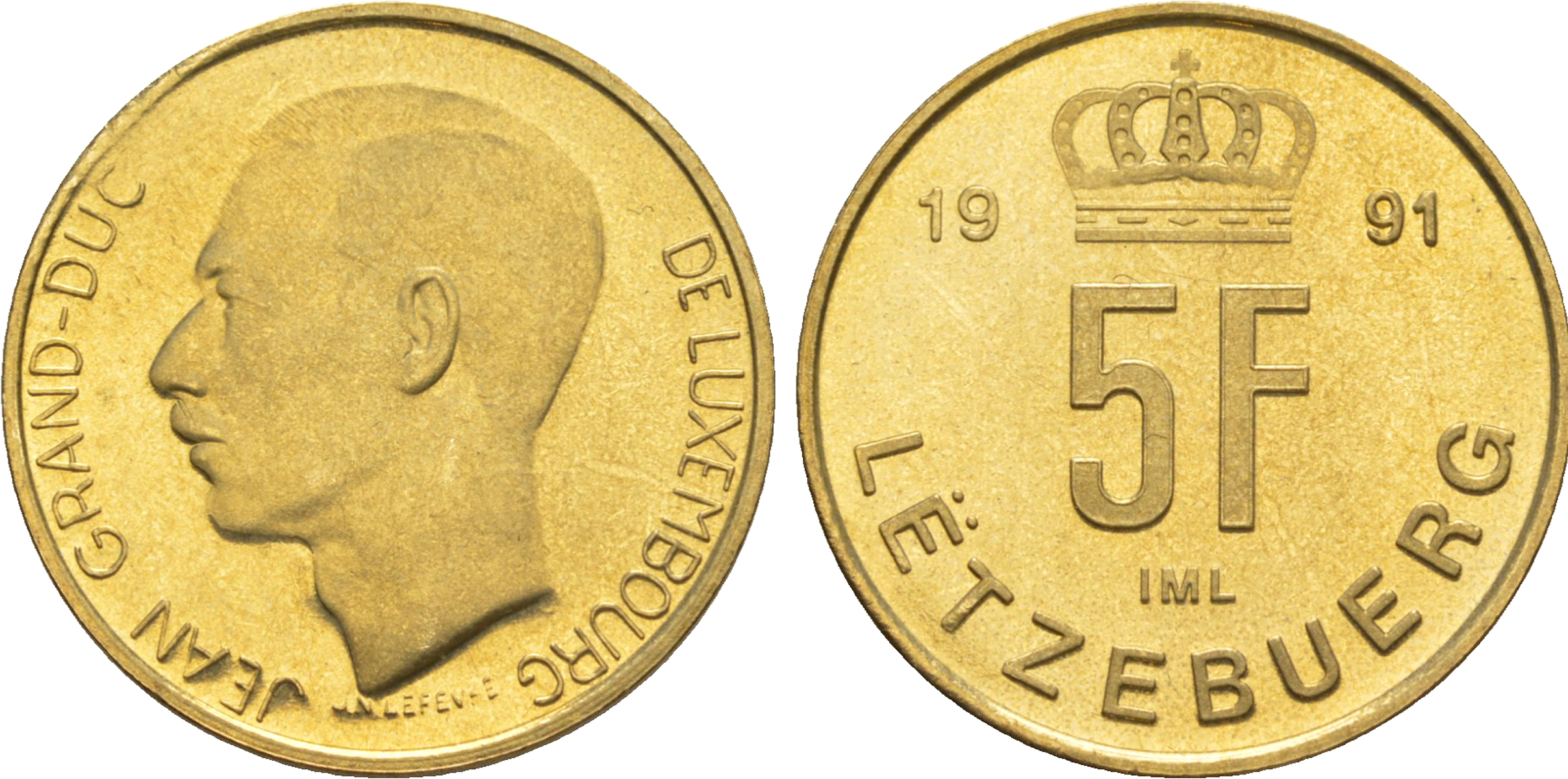 Люксембург 5 франков 1991 Великий герцог Жан (1964-2000), тираж 10.000 экземпляров KM 65 алюминиевая бронза  BU  4635-1223