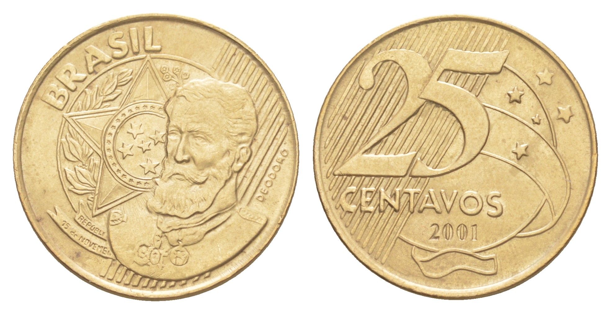 Бразилия 25 сентаво 2001 KM 650 сталь плакированная латунью UNC 4642-1117