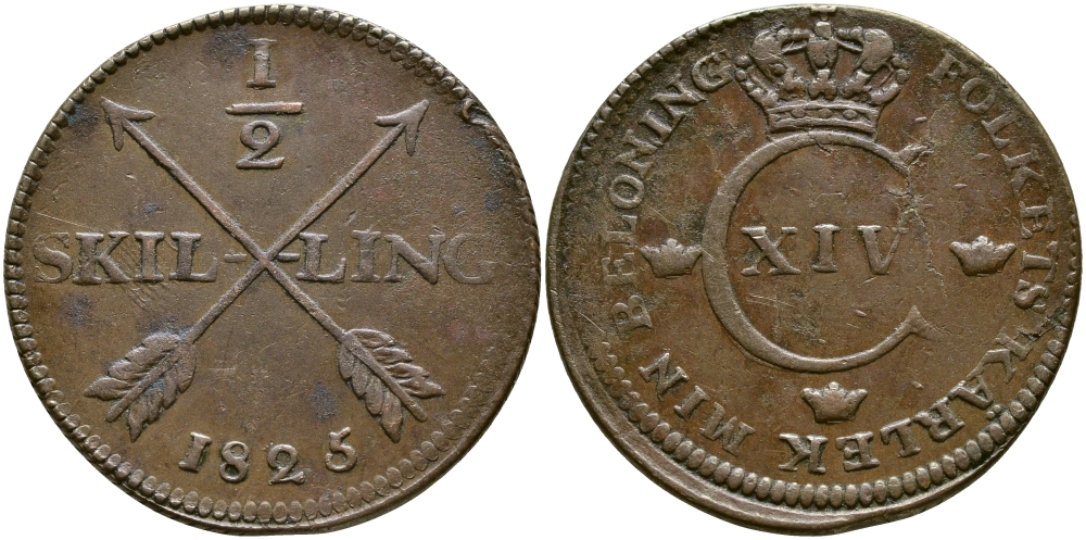 Швеция 1/2 скиллинга 1825 Карл XIV Юхан (1818-1844) KM 596 медь 4680-142