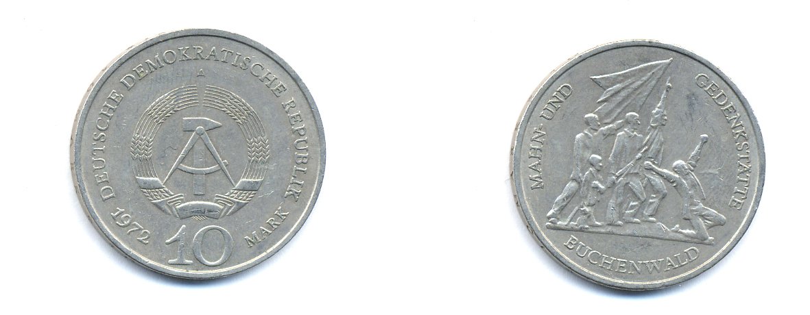 ГДР 10 марок 1972 A, мемориал Бухенвальда KM 38, J. 1539 медно-никель 3333-312