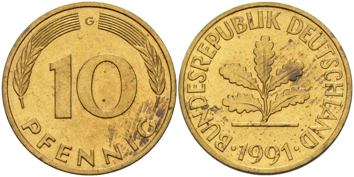 ФРГ 10 пфеннигов 1991 G KM 108, J. 383 сталь плакированная латунью 4175-1116
