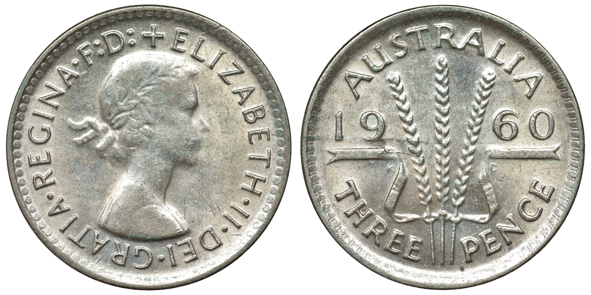 Австралия 3 пенса 1960 m, Елизавета II (1952-2022) KM 57 серебро 71-648