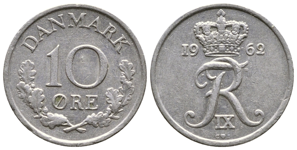 ДАНИЯ 10 ЭРЕ 1962 C; S, ФРЕДЕРИК IX (1947-1972) KM 849.1 медно-никель 26-867