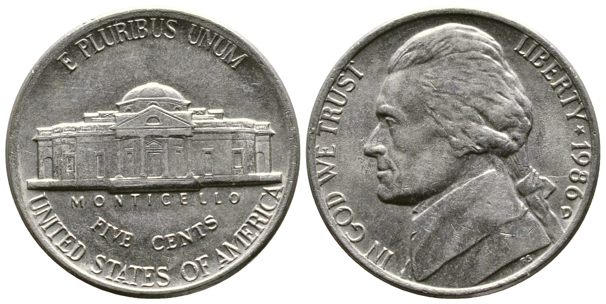 США 5 ЦЕНТОВ 1986 D, ДЖЕФФЕРСОН KM А192 медно-никель 25-1654