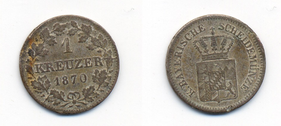 Бавария 1 крейцер 1870 Людвиг II (1864-1886) KM 487 серебро 71-1524